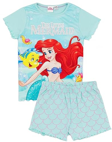 Disney Conjunto de Pijama de La Sirenita | Camiseta de Manga Corta Azul y Pantalones Cortos Pijama para niños | Ariel & Flounder Ropa de Dormir de Sirena submarina | Película Pijama Ropa de Noche