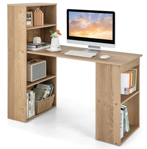 COSTWAY Schreibtisch mit Bücherregal, Computertisch mit 6 Regalen, PC-Tisch mit Regal rechts oder Links, Bürotisch, Arbeitstisch für Zuhause, Büro und Wohnheim, 122 x 56 x 122 cm (Natur)