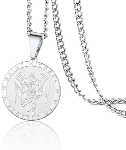VASSAGO Archangel Saint Michael/St Cyprian Necklace St Michael Pendant Archangel Medallion Necklace Patron Protection Amulet Medal Jewelry Gifts for Men Women (silver Saint Michael necklace)