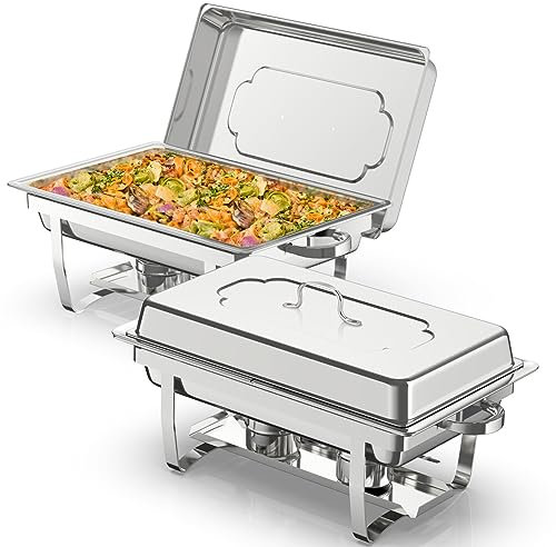 NArra 2 Pezzi Set Buffet Scaldavivande, 9L Acciaio Inox Rettangolari Catering Server con Teglia per Alimenti, Dimensioni Complete Telaio Pieghevole Scaldavivande per Feste,Cene,Catering,Matrimoni