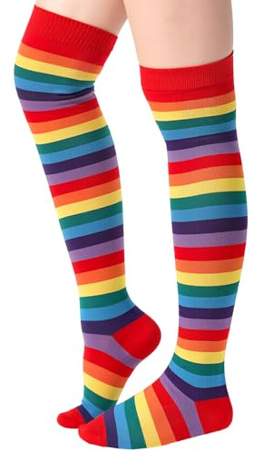 Blulu Chaussettes au Genou Longues Rayées Chaussettes Hautes à Rayures Bas Rayés au Genou pour Femmes(Rouge arc-en-ciel)