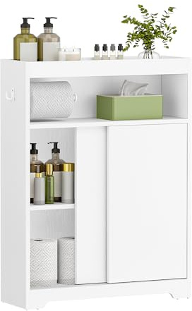 Hzuaneri Mobile Bagno, mobiletto bagno salvaspazio con Portarotoli di Carta Igienica e Ganci, Ante Scorrevole, Ripiano Regolabile, Accanto al Water, 20 x 60 x 80 cm, Bianco BC62813X