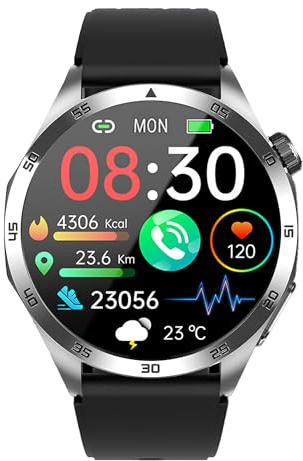 Knauermann PRO 3 Fan Edition rund (2025) Silber, Gesundheitsuhr Smartwatch mit Telefoniefunktion, EKG Plus HRV und SOS Funktion, BT Bluetooth, Schlafapnoe, Silikonband Schwarz, 14-24