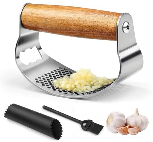 NEUTYPECHIC Schiaccia Aglio Acciaio Inox, Spremi Aglio Manuale, Dondolo Multifunzionale per Aglio con Apribottiglie, Pela Aglio e Spazzola per la Pulizia, per Aglio, Zenzero, Lavabile in Lavastoviglie