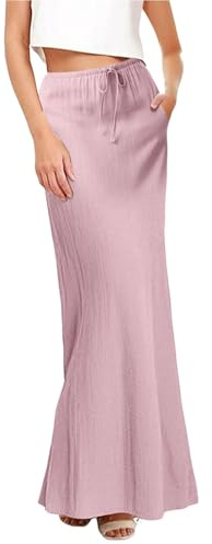 Gonna lunga da donna in lino, elegante, maxi gonna in tinta unita, con coulisse, gonna da spiaggia, leggera, linea A, per il tempo libero, per attività all'aria aperta, in lino, casual, gonna estiva