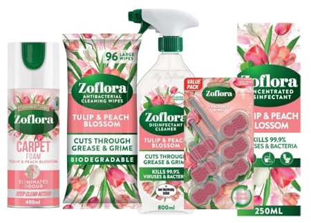 Home Cleaning Bundle, 96 Pack Wipes, Multipurpose Spray, Rim Blocks, Floor Cleaner, Carpet Foam, Tulip and Peach Blossom, Pack of 5