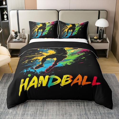 Homewish Handball Bettbezug 155x220 Regenbogenkugel Bettwäsche Set für Jungen Männer Tinte Splash Graffiti Sport Schwarz Rot Tealblau Tröster Abdeckung Atmungsaktive Weiche 100% Baumwolle Bett Set