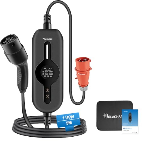 HOLACHARGE 11 kW typ 2 bärbar väggbox laddningskabel, elbil 5 m, svart EV-laddare med styrbar digital display och CEE 3-fas industrikontakt för IEC 62196-2 och PHEV/EV