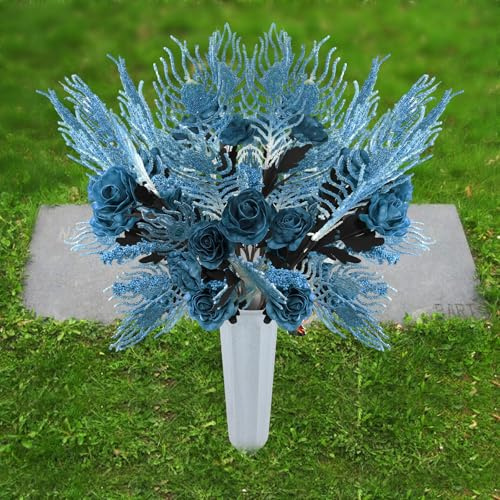 CUQRY Cemetery Artificial Flowers with Vase Angel Mark - 2 Set Artificial Blue Rose Grave Memorial Flowers- Prayer & Trumpet Angel Pendant for Headstones Gravesite Decoration