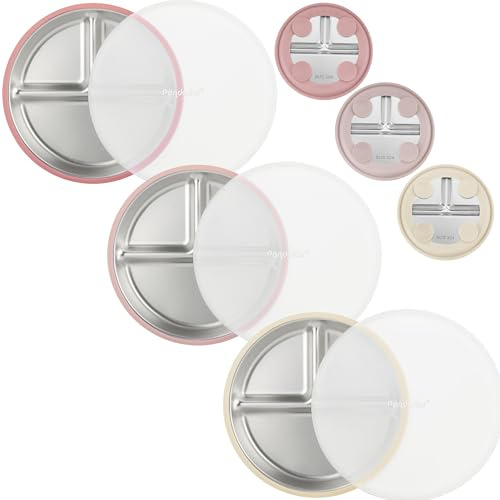 PandaEar Platos con Ventosa de Acero Inoxidable para Bebé Pack de 3 | Pack de 3 platos con ventosa, Con tapas, De acero inox y silicona, Sin BPA, Aptos para lavavajillas.