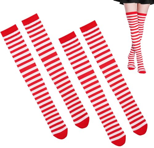 YAZWUR 2 pares Medias altas hasta el muslo Navideñas a rayas, Opacas y autoadherentes de algodón, ideales para disfraces, Halloween,Calzaslargas, mujer y niña (Rojo y Blanco)