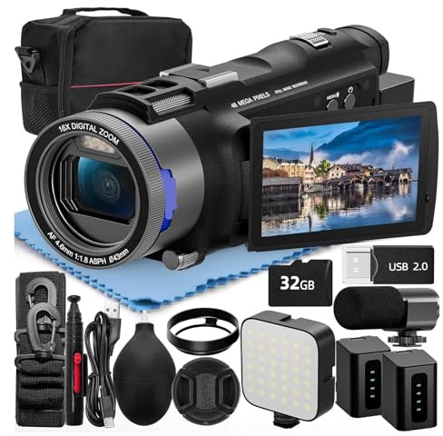 4K och 48MP HD-videokamera, vloggkamera med Wi-Fi appkontroll, videoinspelare 16X zoom, 270° IPS-skärm