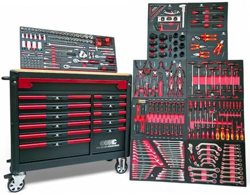 ViMa24 Werkstattwagen gefüllt mit Werkzeug 12 Schubladen 11 bestückter Werkzeugwagen KFZ mit Holzarbeitsplatte mit Carbon Optik Einleger befüllt Abschließbar und Feststellbremse Werkzeugkasten