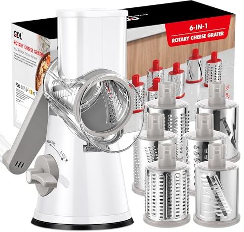 GDL Cheese Grater Rotary with Handle, Vegetable Slicer, 6 Blades, Grey White