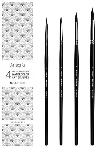 ARTEGRIA Aquarellpinsel Set, 4 professionelle Rundpinsel mit feiner Spitze, Weiches Synthetisches Eichhörnchenhaar, Größen # 2, 4, 6, 8