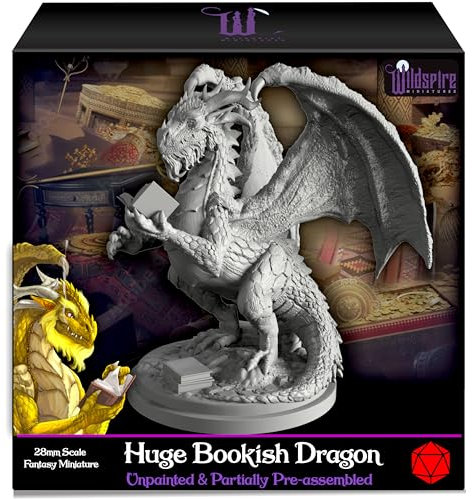 Wildspire Fantasy Bookish Dragon Miniature - Huge Size 6 for DND Miniatures 28mm Bulk D&D Dungeons and Dragons Miniatures I for DND Minis Tabletop Miniatures & DND Figures I with Character Sheets