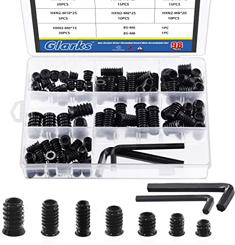 Glarks 97Pcs M6 M8 M10 Threaded Inserts Nuts Zinc Plated Carbon Steel Hex Socket Drive Furniture Flanged Screw-in Nut with M6 Hex Wrench for Wood Furniture Screw