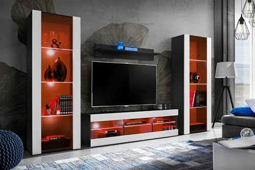 Komodee, Juego de Muebles Tivoli Grande, Blanco Negro, Ancho 290 cm x Alto 159 cm x Fondo 35 cm, LED RGB, para Sala, Dormitorio