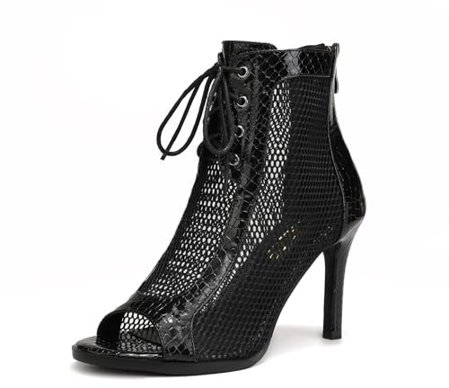 YCALCP Bottines de Danse Latine à Lacets Bout Ouvert Chaussures de Danse Femme Heels Chaussures de Danse à Talon,DS-970-PU-Noir-S,Talon de 9 cm,EU 37