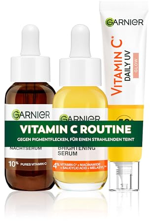 Garnier Skin Active Set: Vitamin C Serum (30ml) + Vitamin C Glow Booster Nachtserum (30ml,) + Vitamin C Sonnenfluid LSF 50+ (40ml) | Gegen Pigmentflecken & strahlenden Teint