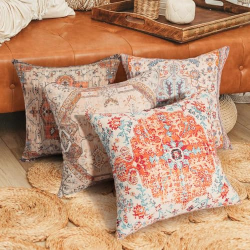 Betadistor Sofa Cushion Covers 45cm x 45cm Set of 4 Bohemian Style Decorative Throw Pillow Covers 18 x18 Inch Linen Square Exotic Pillow Cases for Couch Bedroom Home Office, Bohemian, 509-0172