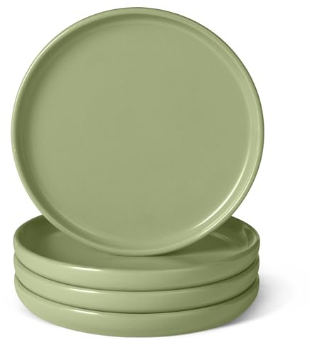 Amazon Basics Glazed Stoneware Salad Plates, Ceramic 4-Piece Set, Microwave and Dishwasher-Safe, 8.3 in., Olive