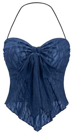 GORGLITTER Y2K Top para mujer con cuello halter asimétrico, camiseta de tirantes transparente para verano, azul oscuro, XS