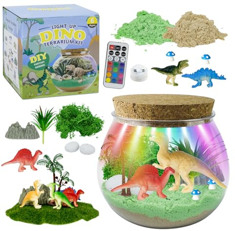 Set de Terrario de Dinosaurios para Niños, Regalos Temáticos de Dinosaurios para Niños de 4 a 12 Años, Lámpara Nocturna DIY de Dino, Plantas Simuladas y Otros Accesorios