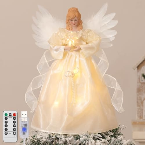 Lewondr Puntale Per Albero Di Natale Angelo, 12'' Angelo Luminoso Per Albero Con Ali E Stella, 8 Modalità E Timer 6H USB E Telecomando Decorazione Natalizia Per Casa, Giallo Chiaro