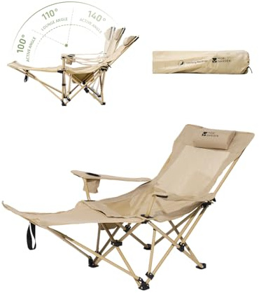 MOBI GARDEN Reclining Camping Chair with Foot Rest, 4-Position Adjustable Folding Lounge Chair for Adults, Portable & Detachable Footrest – Sand - Mesh Back