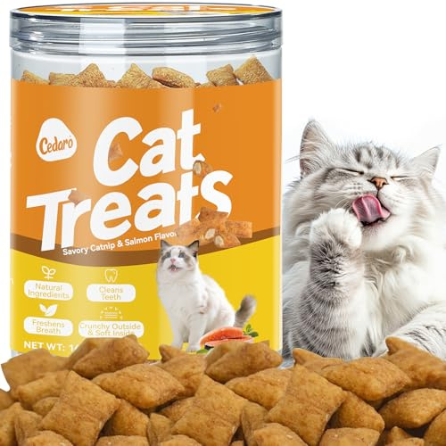 Cedaro Natural Crunchy & Soft Cat Treats for Indoor Cats - Catnip & Salmon Flavor, Cat Snacks with Real Salmon, Dental Care & Digestive Support, Healthy Training Treats for Cats & Kittens