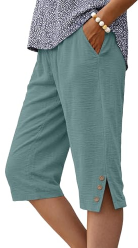 IWOLLENCE Knee Length Shorts Women with Pockets Culottes Summer Capri Pants for UK Split Hem Decorative Wooden Buttons Lightweight and Breathable Elastic Waistband