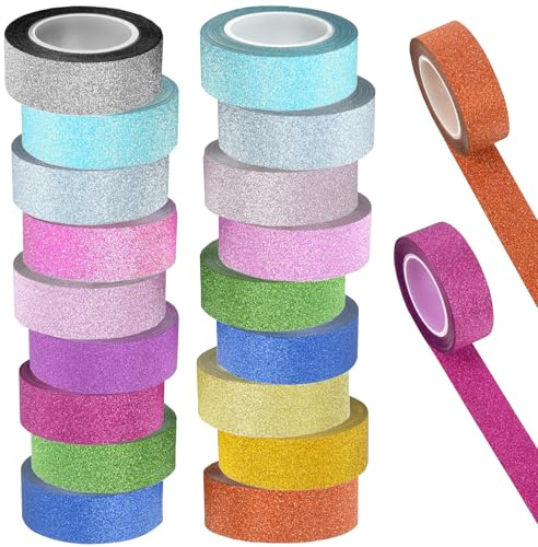 20 Rollos Washi Tape con Purpurina, Washi Tapes de Colores Brillantes