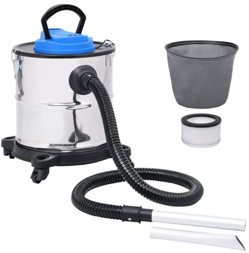 Asksugare med HEPA-filter 1 200 W, 20 l behållare i rostfritt stål, stålslang, aluminiummunstycke, sug- och blåsfunktion, praktiskt handtag, hjul för enkel rörlighet, perfekt för öppen spis