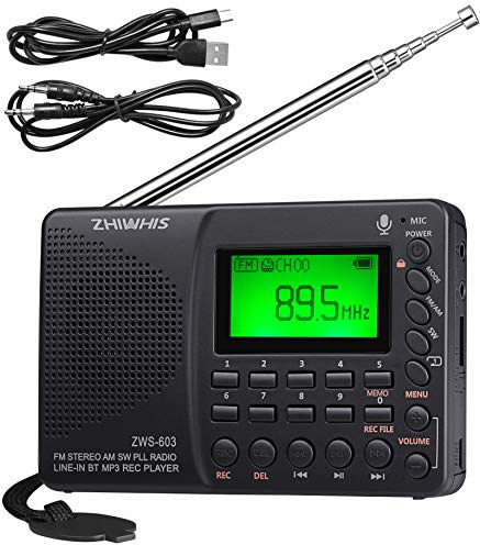 ZHIWHIS Portable Bluetooth Radio, FM AM Shortwave Radios with Sleep Timer and Preset Function, Rechargeable Digital Recorder, Stereo MP3 Player with Lyric Display, Support Micro SD Card and AUX