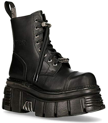 New Rock M-NEWMILI083-S21 Women's Metallic Combat Boots Black Leather Military Biker Goth Punk Shoes 8