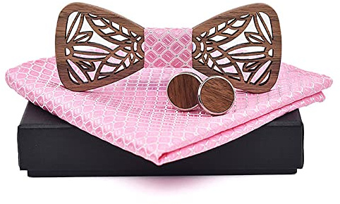 GIVBRO Ensemble composé de nœud papillon en bois creux, de pochette, de carrés de poche et de foulard vintage pour homme - Motif rose - Idéal pour mariage et tenue de soirée