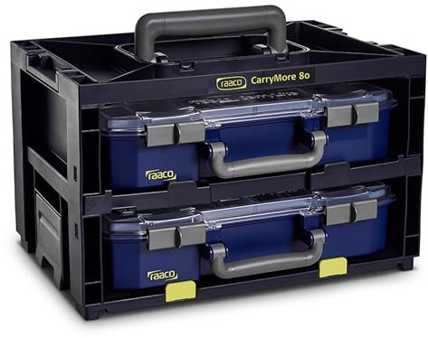 raaco CarryMore 80x2: Leicht Sortimentskasten für Werkstatt, Kistenberg mit 2 Sortierkasten für Kleinteile, Traglast 25 kg, Sichere Aufbewahrungstransport, Kleinteilemagazin 27.8 x 38.6 x 24.1 cm