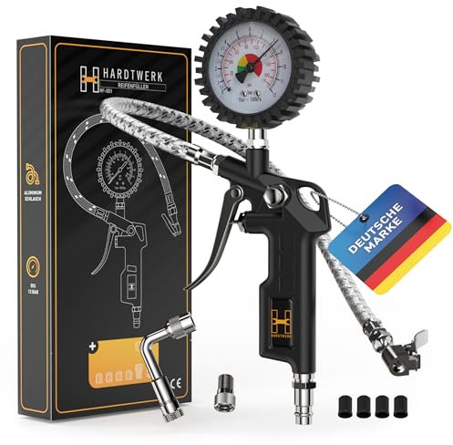 Hardtwerk® Reifenfüller Reifendruckprüfer Reifendruckmesser - Manometer-Messbereich: 0-12 bar - 304-Edelstahl Schlauch - Luftdruckprüfer für Auto, Motorrad, PKW, LKW Reifenfüll-Messgerät
