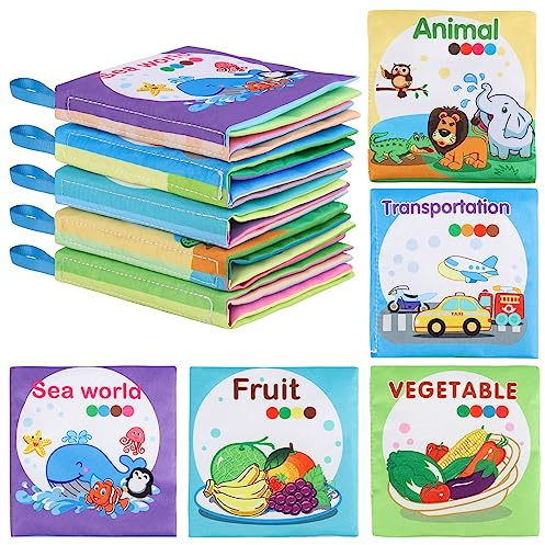 5PCS Baby Bath Books for Toddlers Learning The Names of Animals, Fruits, Vegetables, Transportation, Colorful Patterns, Non-Toxic, Waterproof, Soft Fabric, Preschool Toys for Baby Infant Toddler Kids