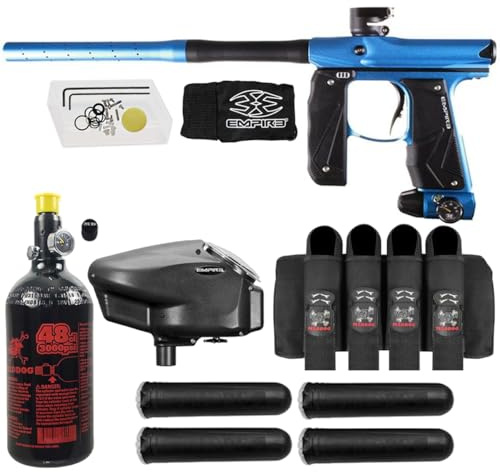Maddog Empire Mini GS Electronic Full Auto Paintball Gun Marker w/ 48/3000 HPA Paintball Tank, Empire Halo Too Electronic Loader, 4-Pod Harness & (4) Pods Starter Package - Dust Blue/Black