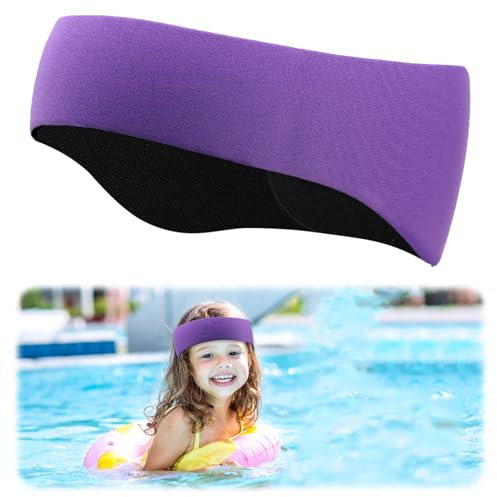 Schwimmen Stirnband Kinder, Badekappe Kinder, Neopren Schwimmband mit Klettverschluss und Ohrenschutz für Wasserspaß - Größe M (blau) (Violett)