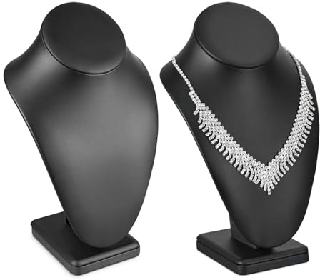 MOOCA 2 Pcs Deluxe Faux Leather Medium Necklace Chain Jewelry Display Holder, Jewelry Stand, Necklaces Display Mannequin Bust Stand, Black Faux Leather