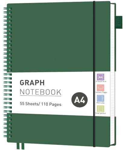 RETTACY A4 Spiral Notebook, Graph Journal, Notepad, 110 Pages, Dark Green | Flexible Plastic Cover Note Book, 5mm per Square, 100 GSM Grid Paper, for School, Students, Math, Engineering - 21.5 × 28 cm