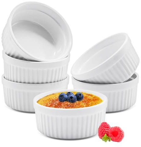 Iceten Ramekins Set of 6 - Small Dipping Bowls Sauce Pots, Porcelain Souffle Dish for Souffle, Creme Brulee, Cupcakes, Custards, Pudding, Jams, Microwave and Oven Safety(9 * 4cm, White)