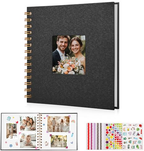 DazSpirit Leinen Fotoalbum zum Selbstgestalten, 17,5 x 17,5cm, 40 Weißen Seiten Fotobuch zum Einkleben mit Frontfenster, 5 Aufkleber, DIY Geschenk für Baby, Familie, Jahrestag, Geburtstag (Schwarz)