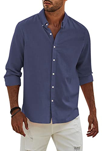 Elegancity Camicia Lino Uomo Manica Lunga Elegante Camicia Uomo Casual con Bottoni Cotone Regular Fit con Bottoni Tinta Unita，Blu-2 XXL