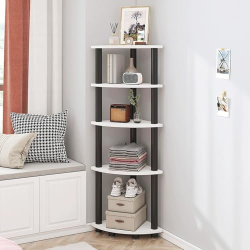 5 nivåer hörnskåp bokhylla hylla kök förvaringsställ sovrum blomställ vertikala stående hyllor växtstativ med stålram mahognybräda 40 x 40 x 150 cm (vit bräda) > 5 nivåer hörn