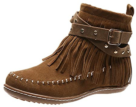 Västerländska stövlar dam med fransar: Ankle Boots dam eleganta lurvsydda mockasiner med spännen kort skaft fotled stövlar halkfria gummisulor vintage korta stövlar mocka stövlar cowboystövlar, BRUN