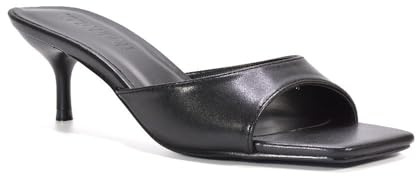 ESSEX GLAM Women's Square Toe Stiletto Kitten Heel Sandals Ladies Black Synthetic Leather Slip On Heeled Mule Evening Party Shoes Size 8